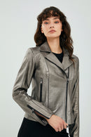 Kiara Women's Silver Biker Leather Jacket | Derimod