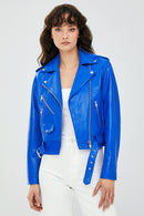Newage Women's Blue Biker Leather Jacket | Derimod