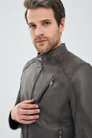 New Durant Men's Gray Slim-Fit Leather Jacket | Derimod