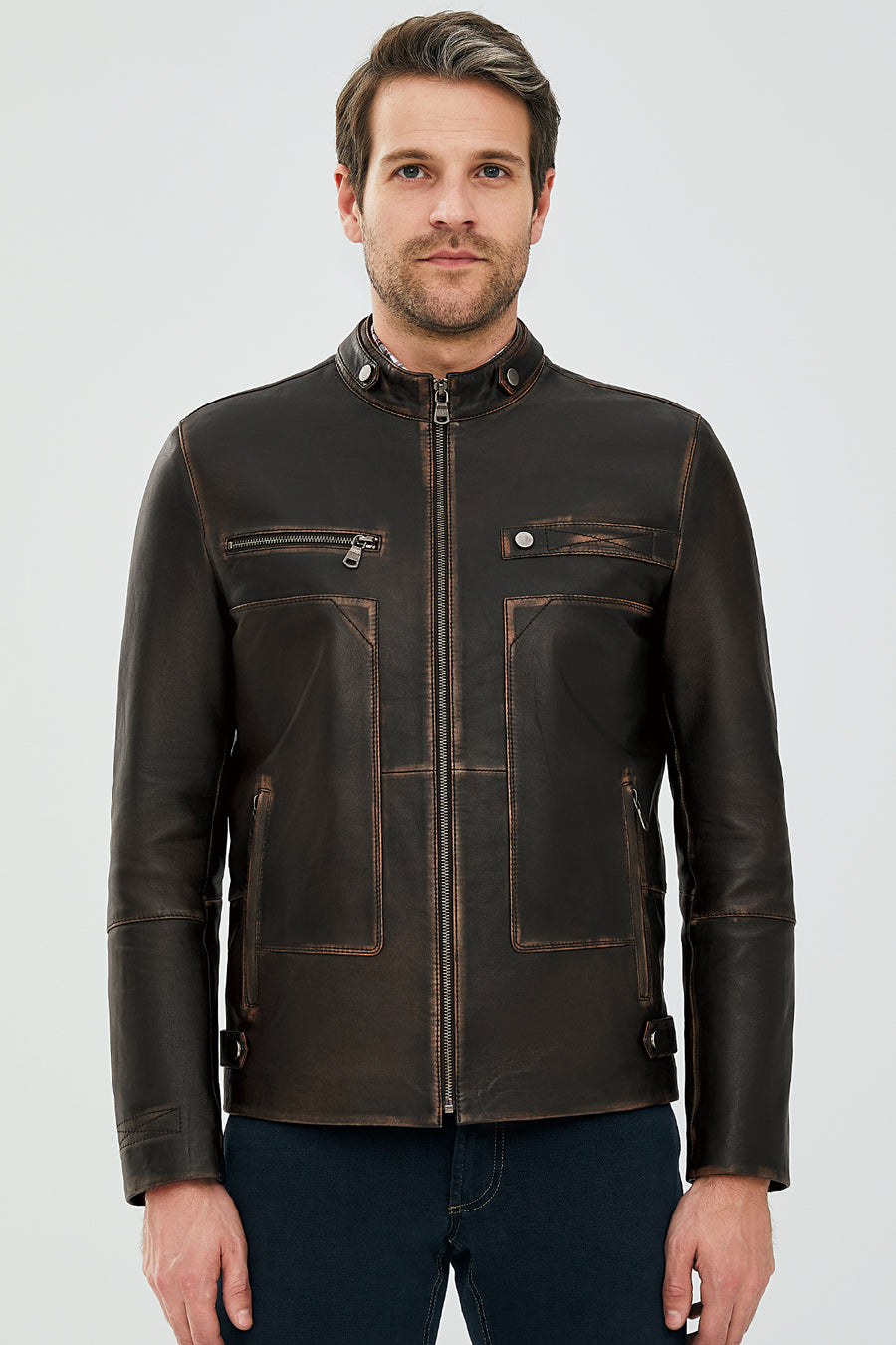 Jokic Brown Men's Vintage Slim-Fit Leather Jacket
