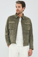 Kante Men's Dark Green Suede Leather Jacket | Derimod