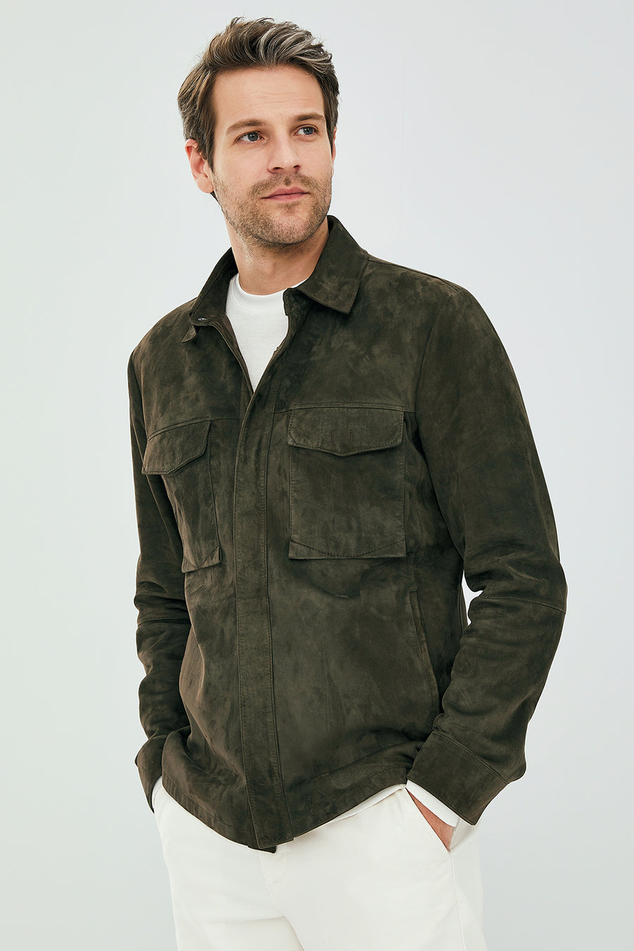 Navas Men Green Shirt Style Suede Leather Jacket