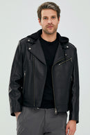 Lowry Men's Black Hooded Leather Biker Coat | Derimod