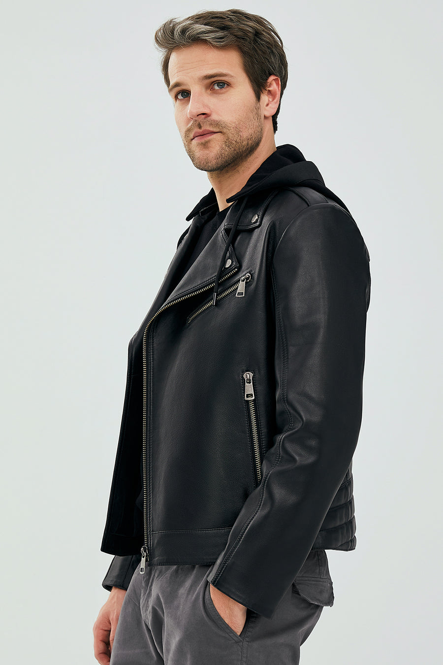 Lowry Men's Black Hooded Leather Biker Coat
