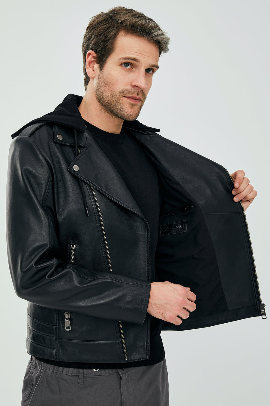 Lowry Men's Black Hooded Leather Biker Coat