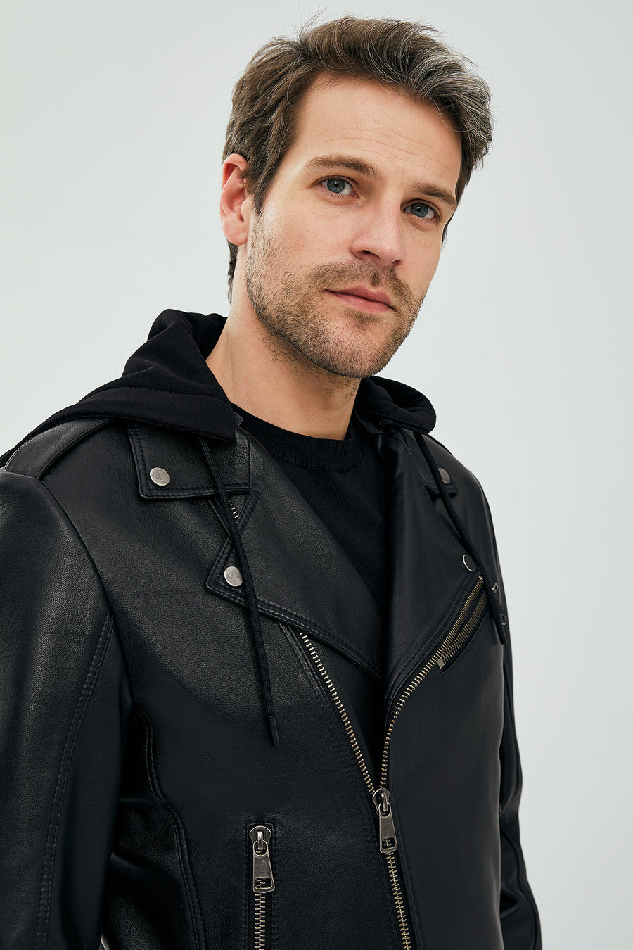 Lowry Men's Black Hooded Leather Biker Coat