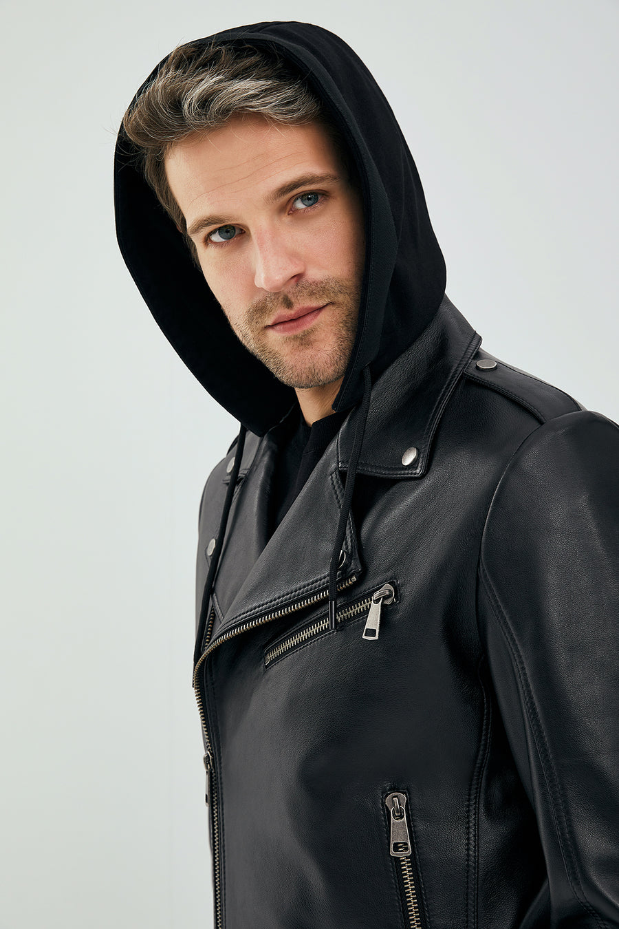 Lowry Men's Black Hooded Leather Biker Coat