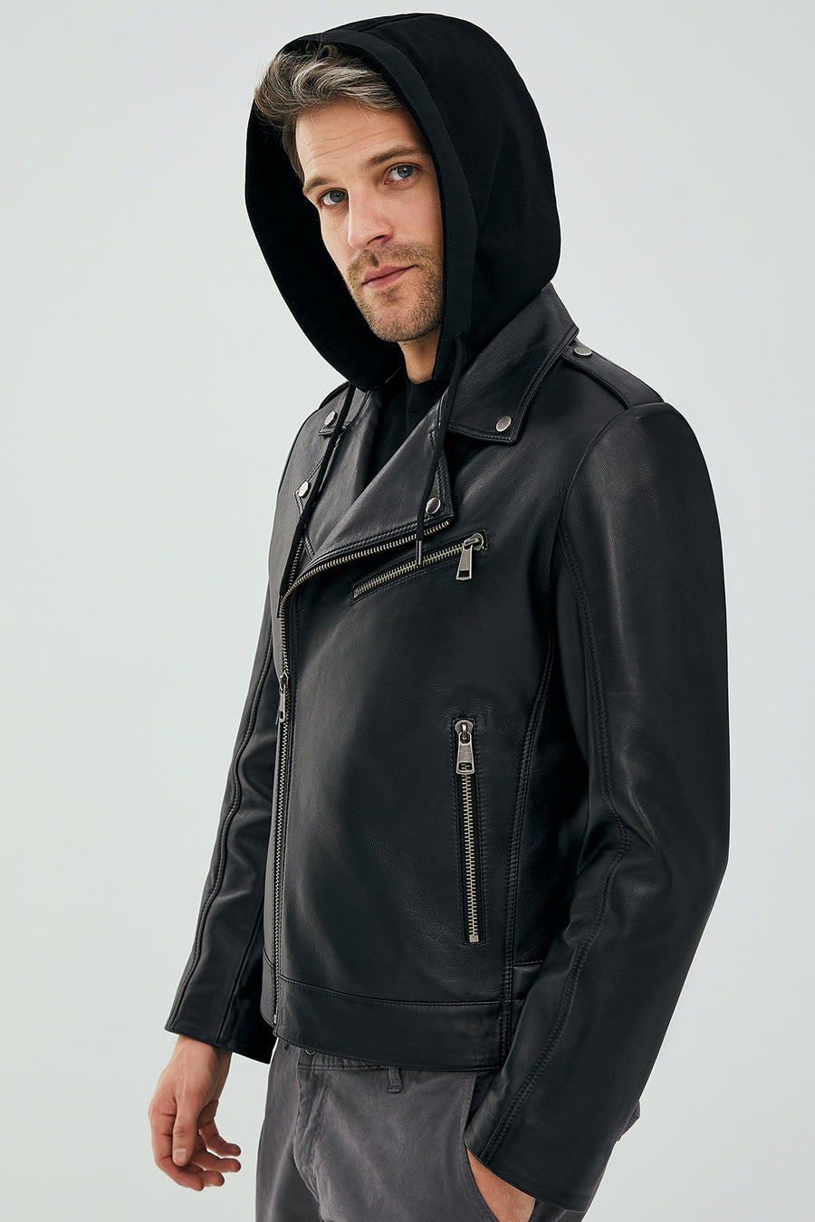 Lowry Men's Black Hooded Leather Biker Coat