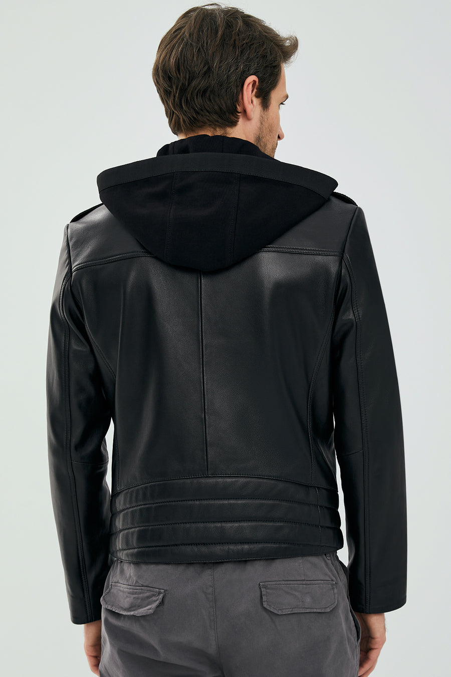 Lowry Men's Black Hooded Leather Biker Coat