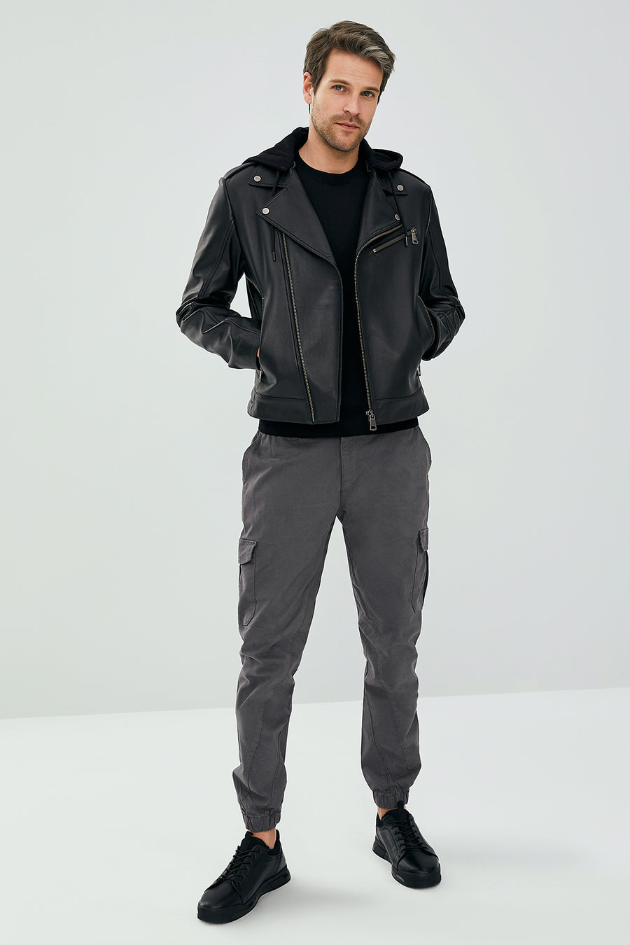 Lowry Men's Black Hooded Leather Biker Coat