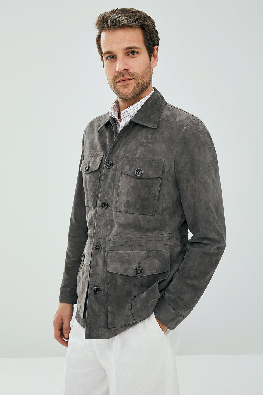 Bonucci Men's Gray Safari Blazer Suede Leather Jacket
