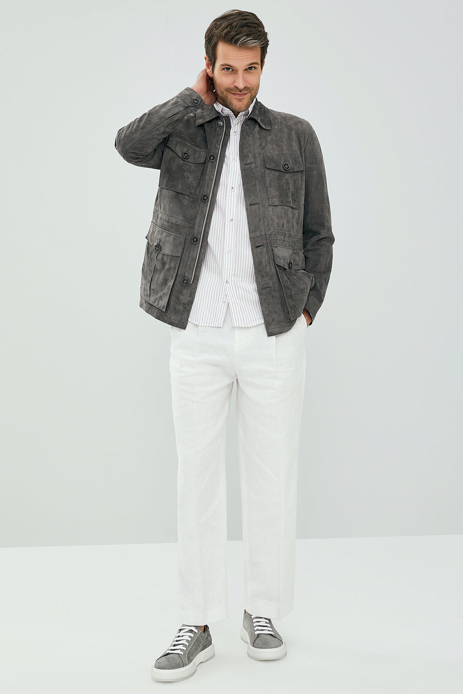 Bonucci Men's Gray Safari Blazer Suede Leather Jacket