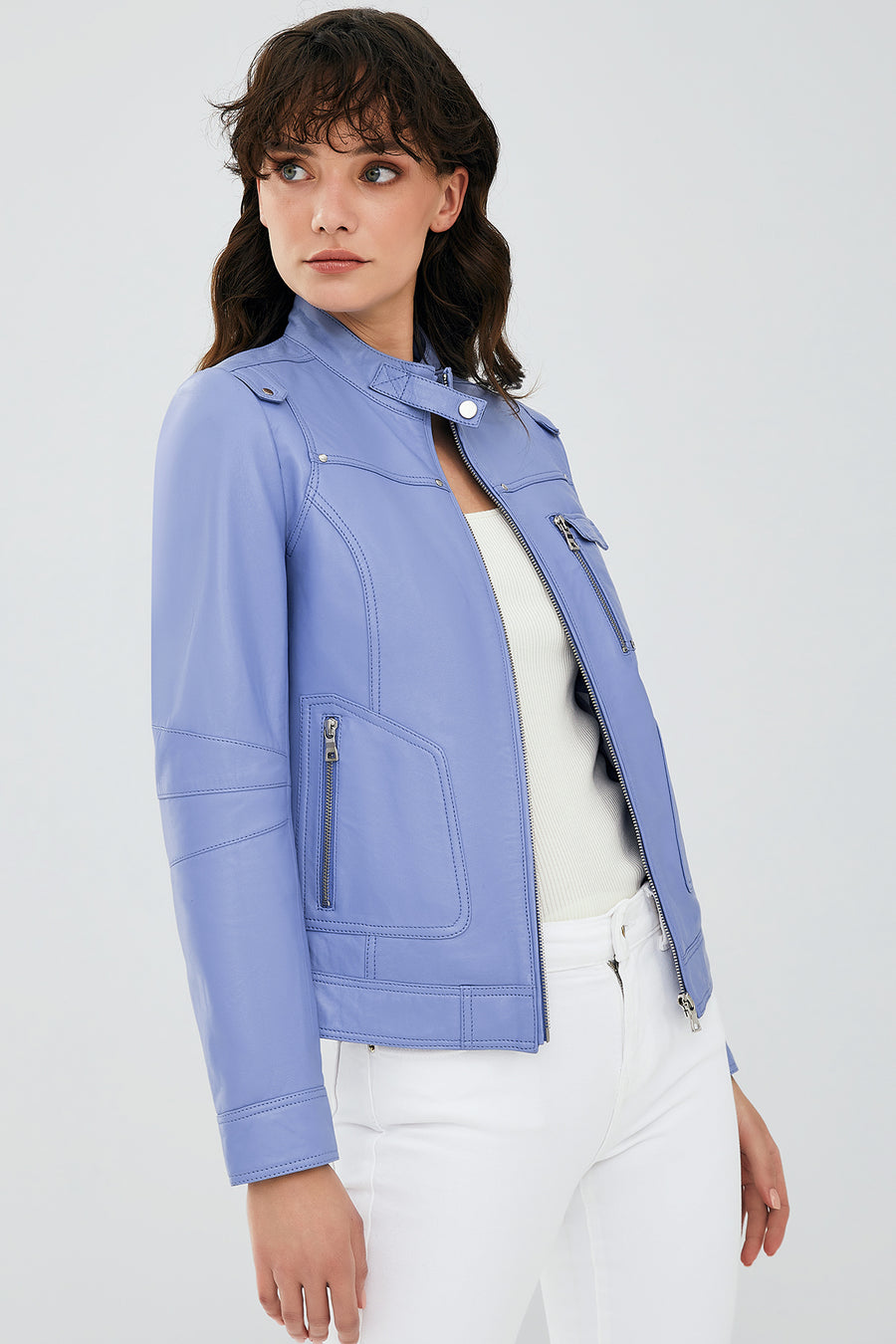Lilian Women's Cloud Blue Leather Jacket