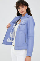 Lilian Women's Cloud Blue Leather Jacket | Derimod
