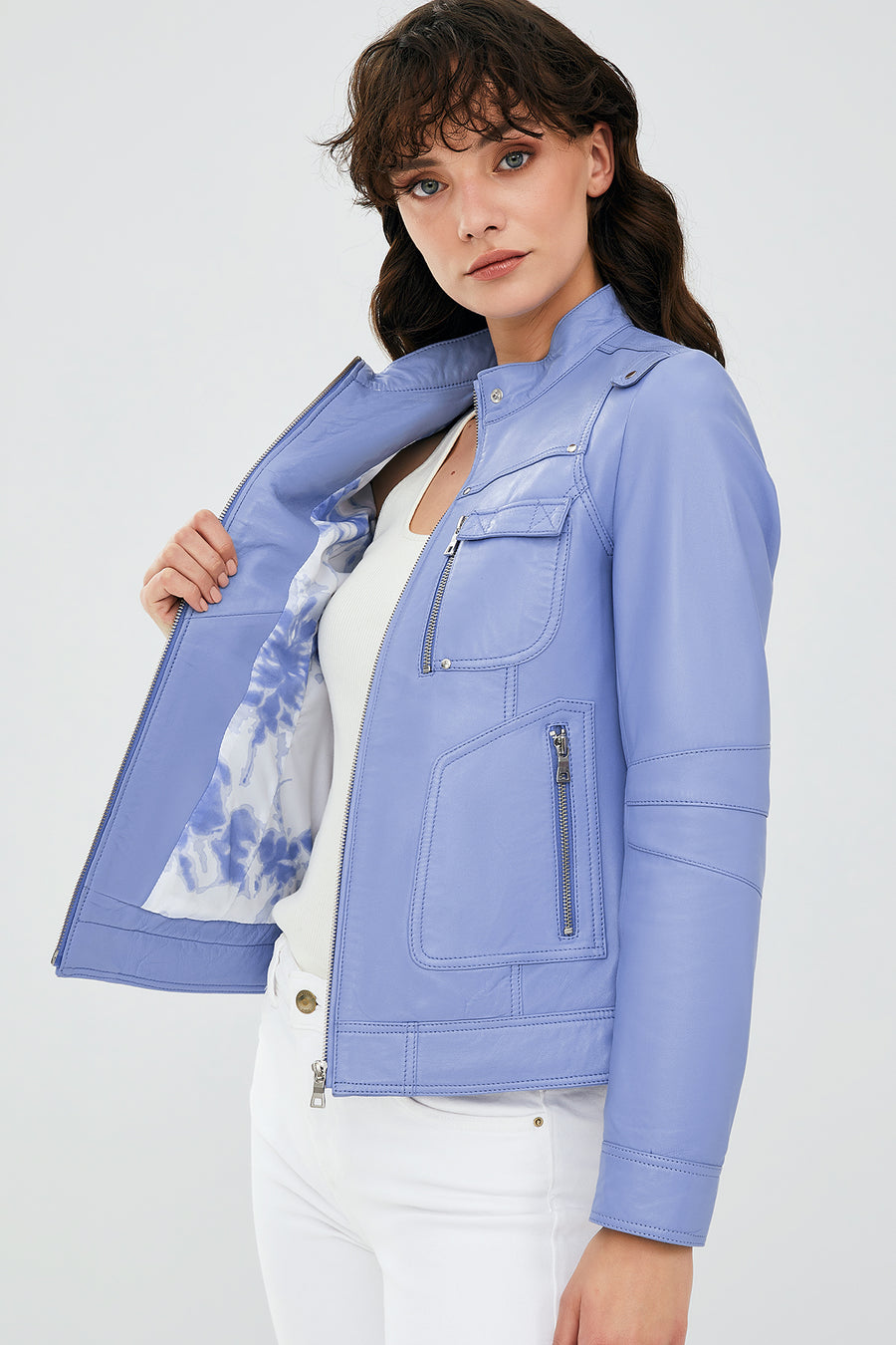 Lilian Women's Cloud Blue Leather Jacket
