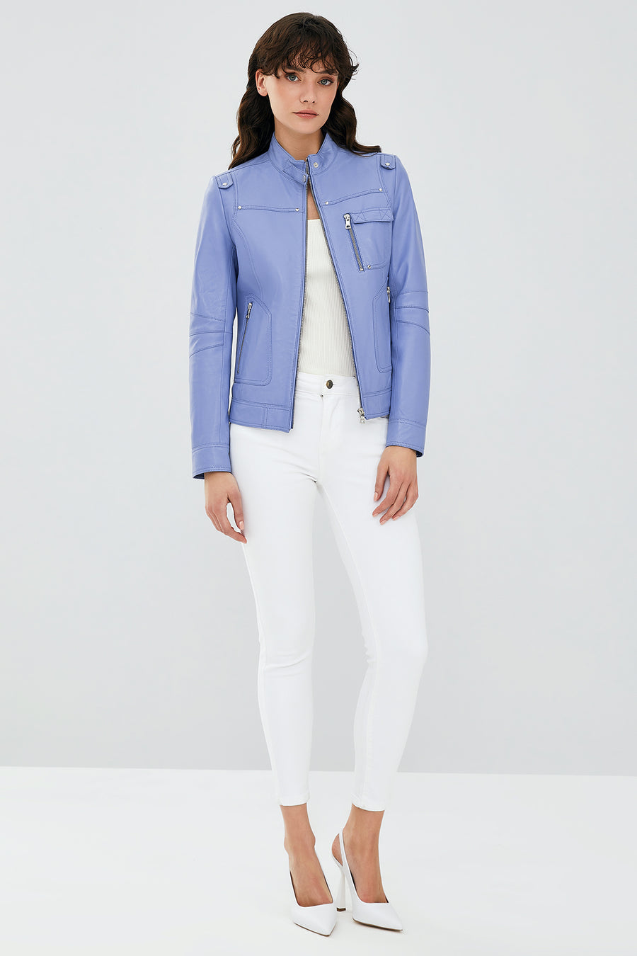 Lilian Women's Cloud Blue Leather Jacket