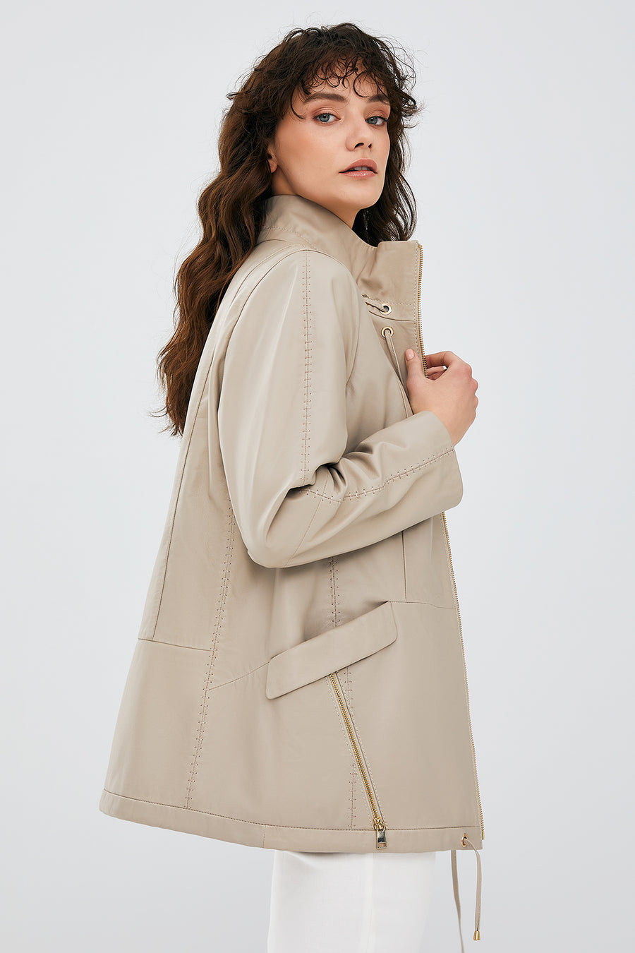 Nancy Women's Beige Long Leather Coat