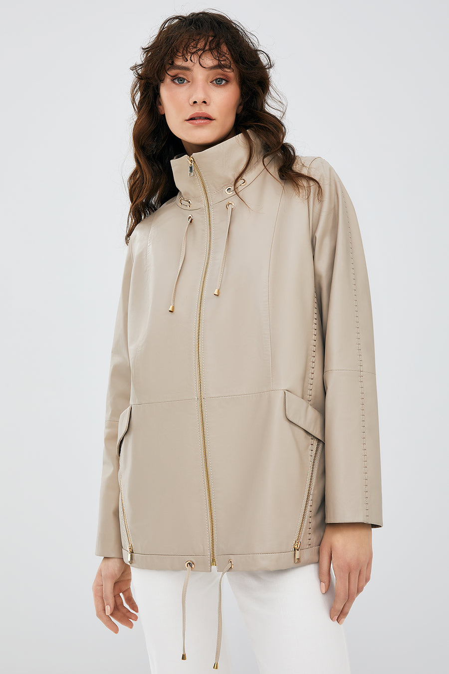 Nancy Women's Beige Long Leather Coat