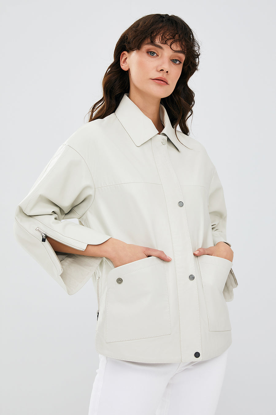 Karen Women's Beige Oversize Leather Jacket