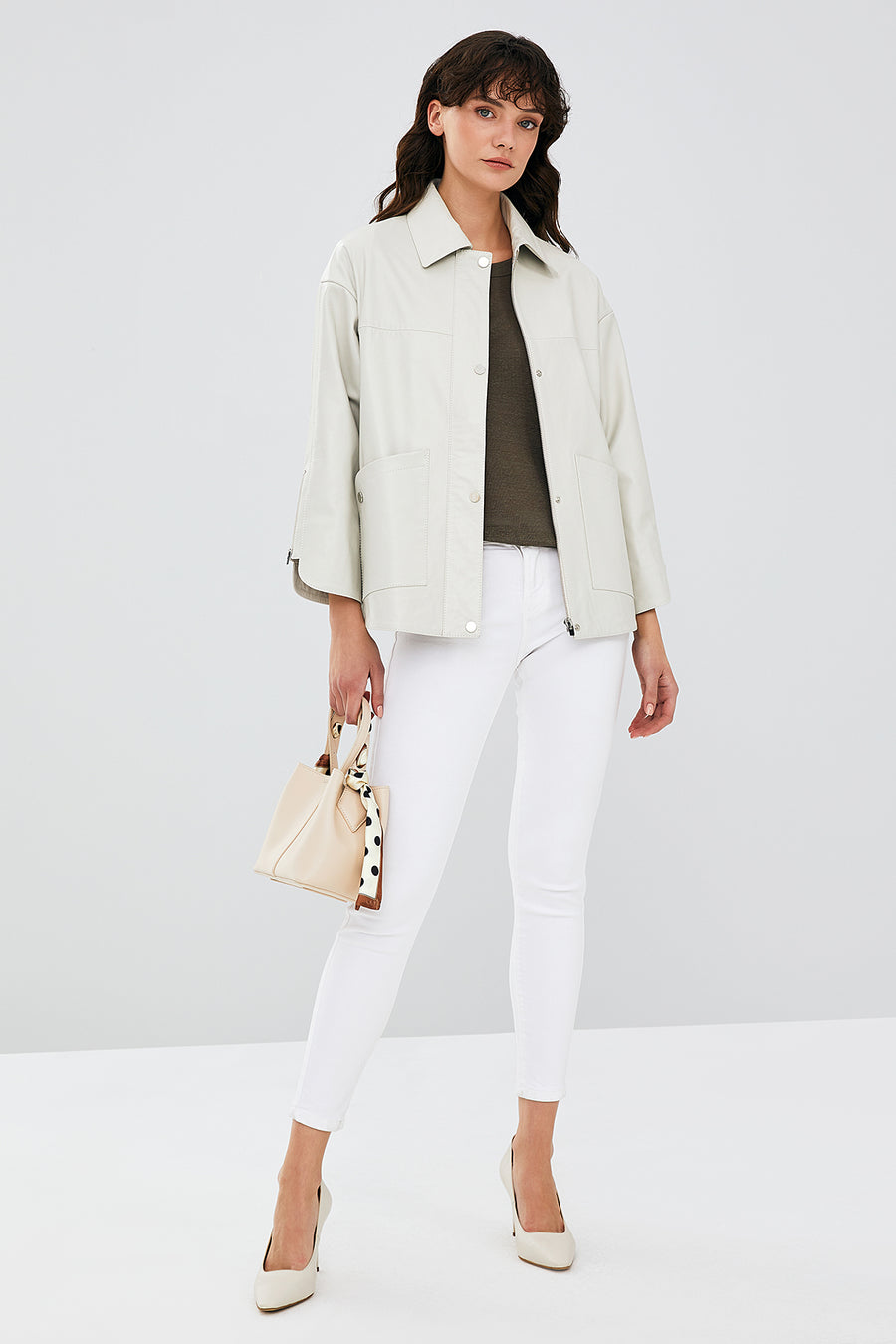 Karen Women's Beige Oversize Leather Jacket