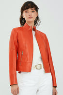 Mary Women's Orange Leather Jacket | Derimod