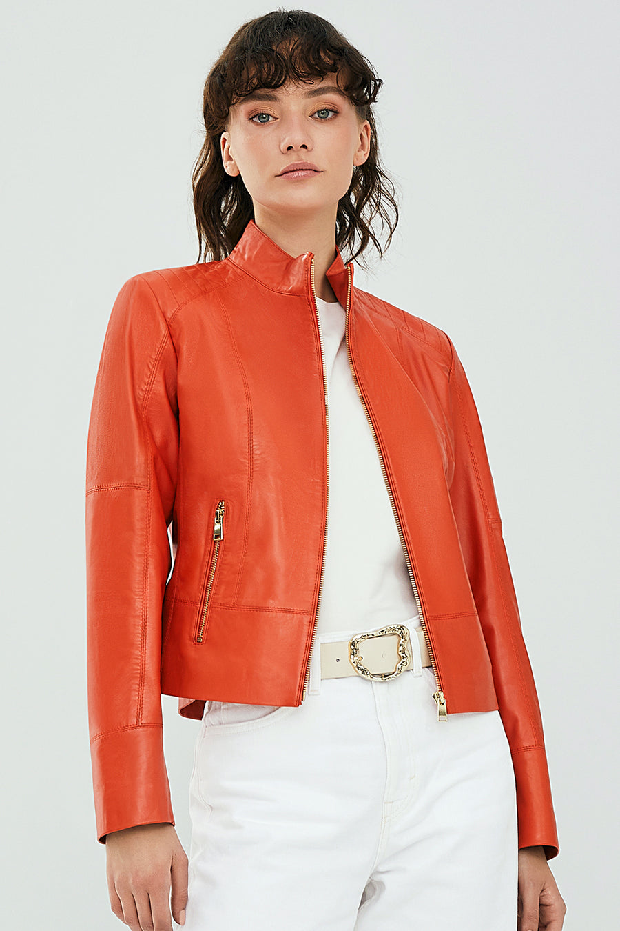 Mary Women's Orange Leather Jacket