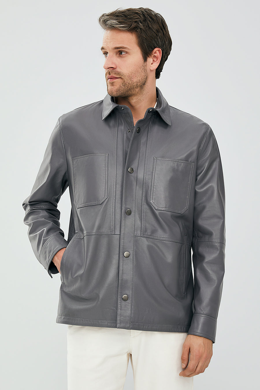 Eric Men's Gray Leather Shirt Type Jacket