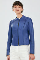 Paris Women's Blue Short Leather Jacket | Derimod