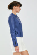 Paris Women's Blue Short Leather Jacket | Derimod