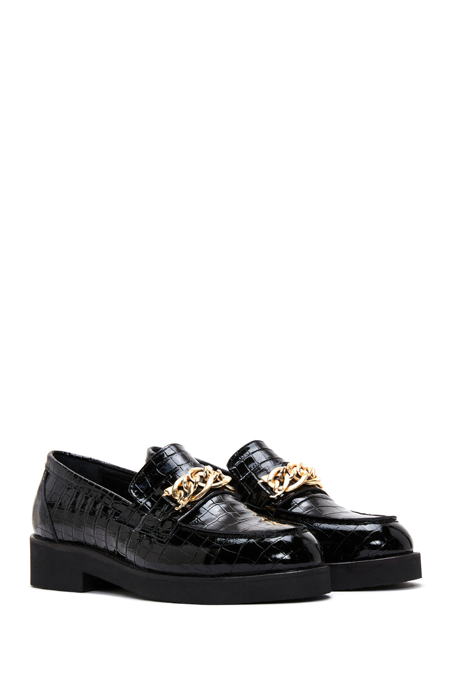 Women's Black Buckled Crocodile Patterned Leather Masculine Loafer