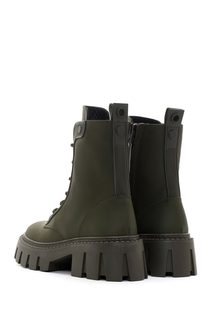 Women's Khaki Thick Soled Zippered Leather Boots