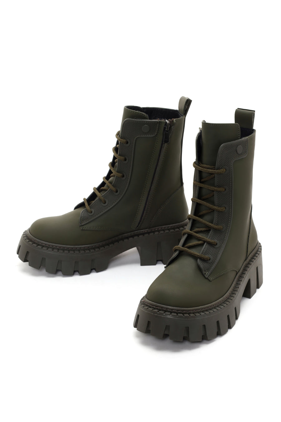 Women's Khaki Thick Soled Zippered Leather Boots
