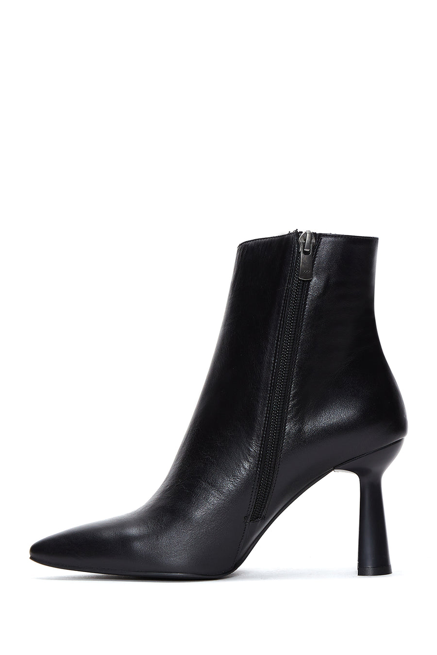 Women's Black Zippered Thin Heeled Leather Boots