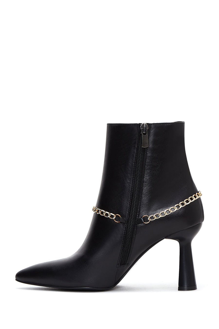 Women's Black Leather Zippered Chain Heeled Classic Boots