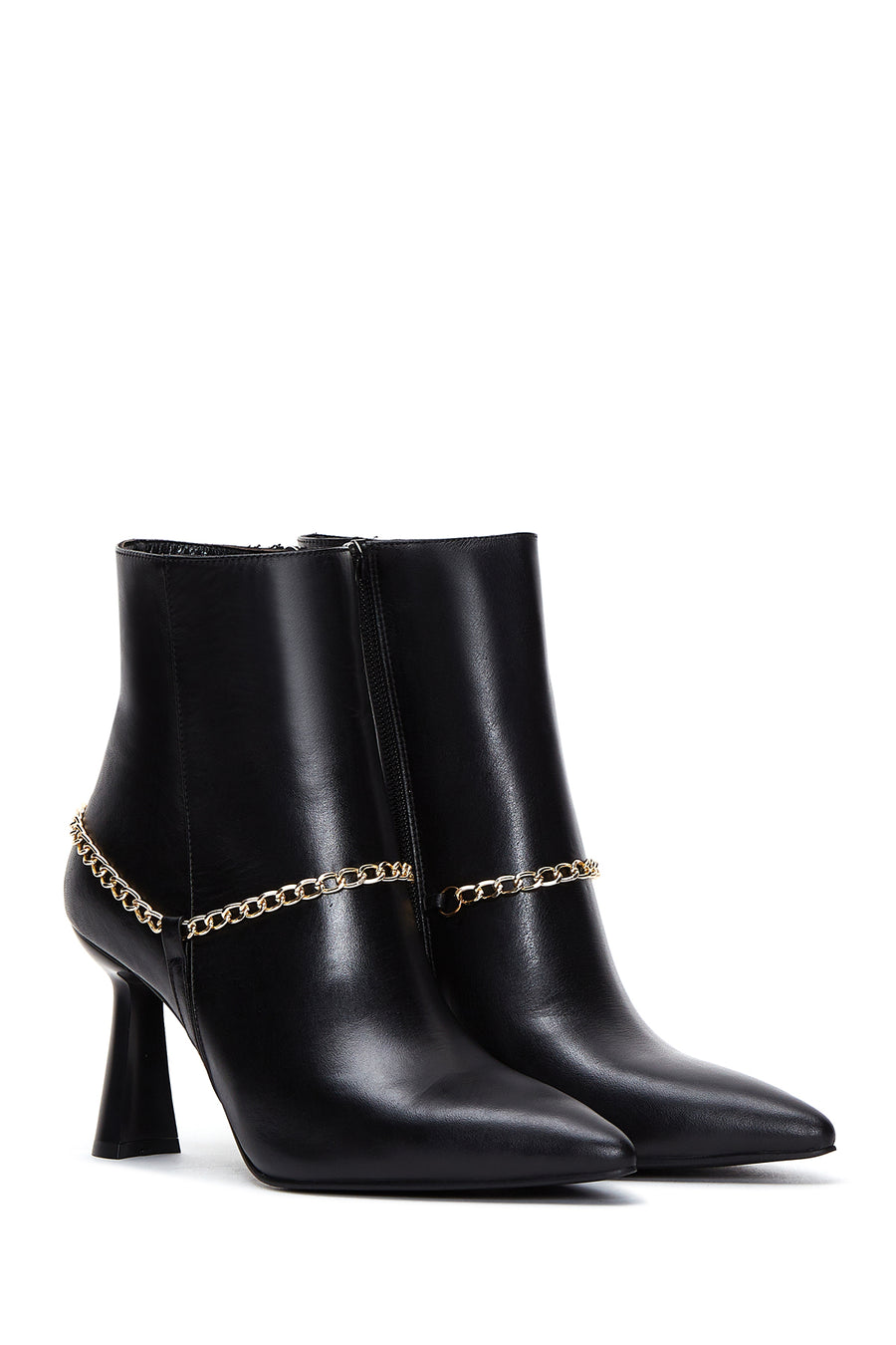 Women's Black Leather Zippered Chain Heeled Classic Boots