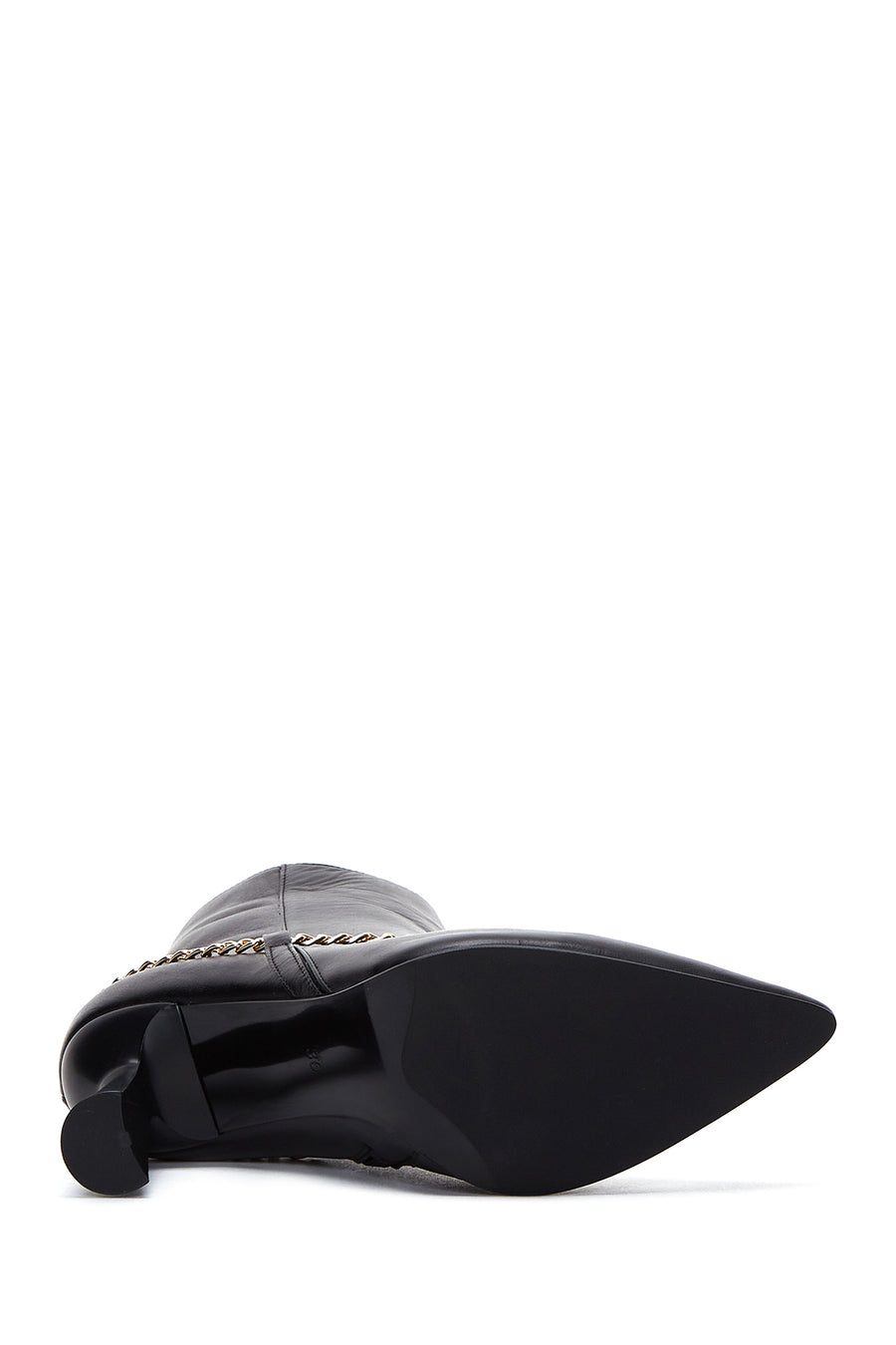 Women's Black Leather Zippered Chain Heeled Classic Boots