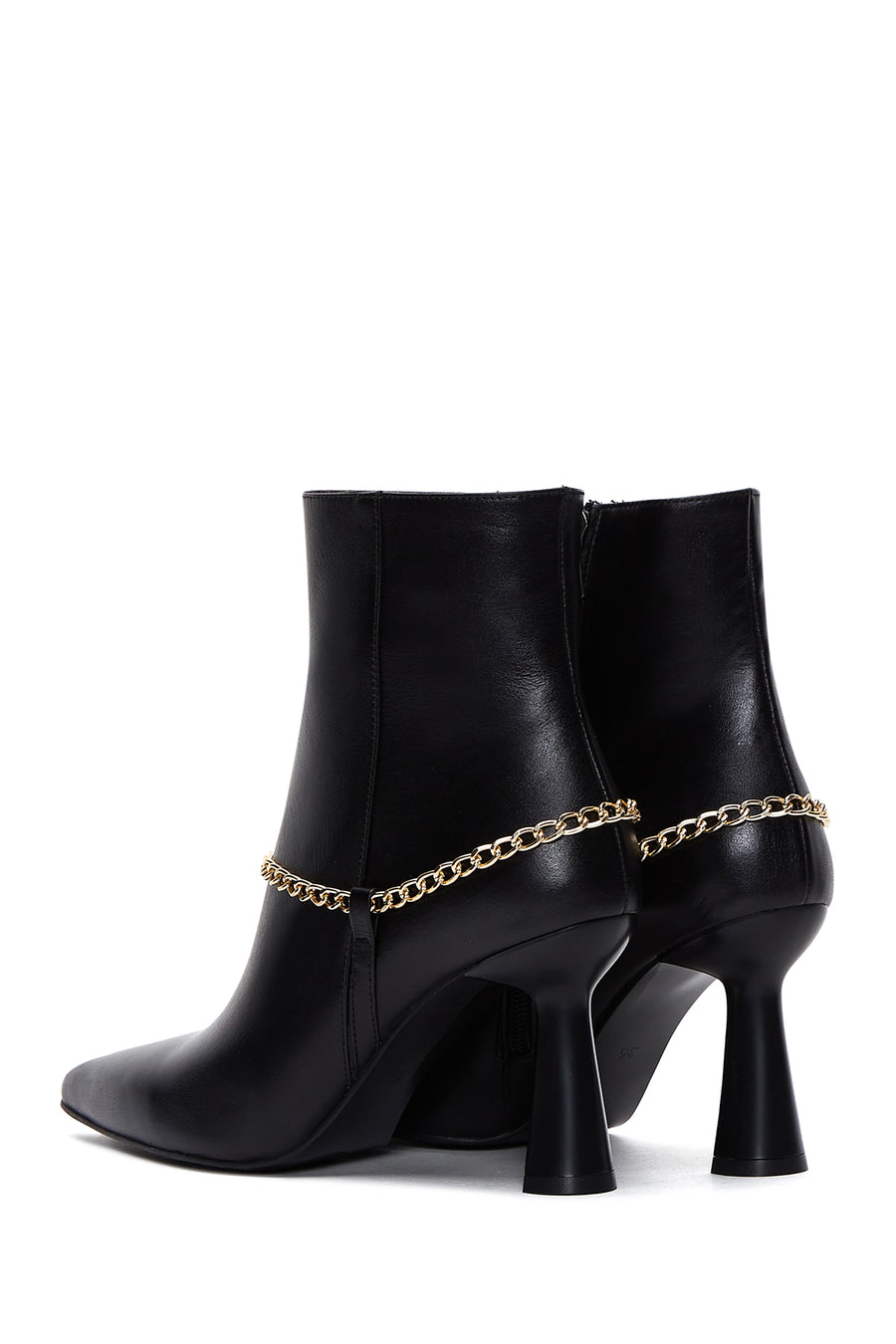 Women's Black Leather Zippered Chain Heeled Classic Boots