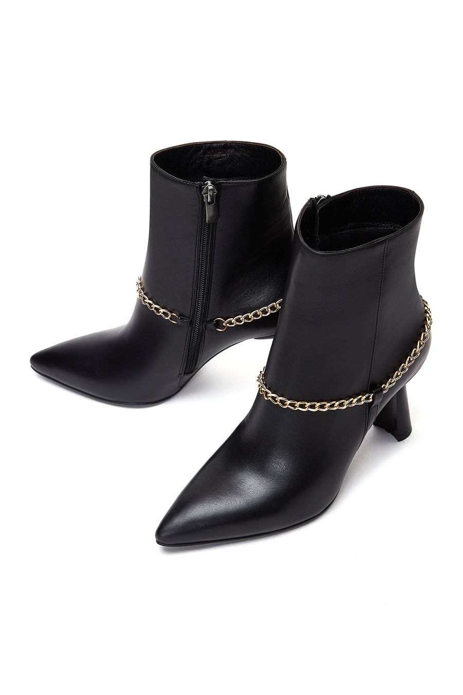 Women's Black Leather Zippered Chain Heeled Classic Boots