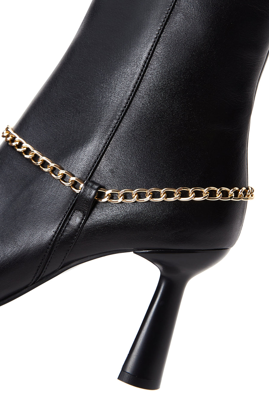 Women's Black Leather Zippered Chain Heeled Classic Boots