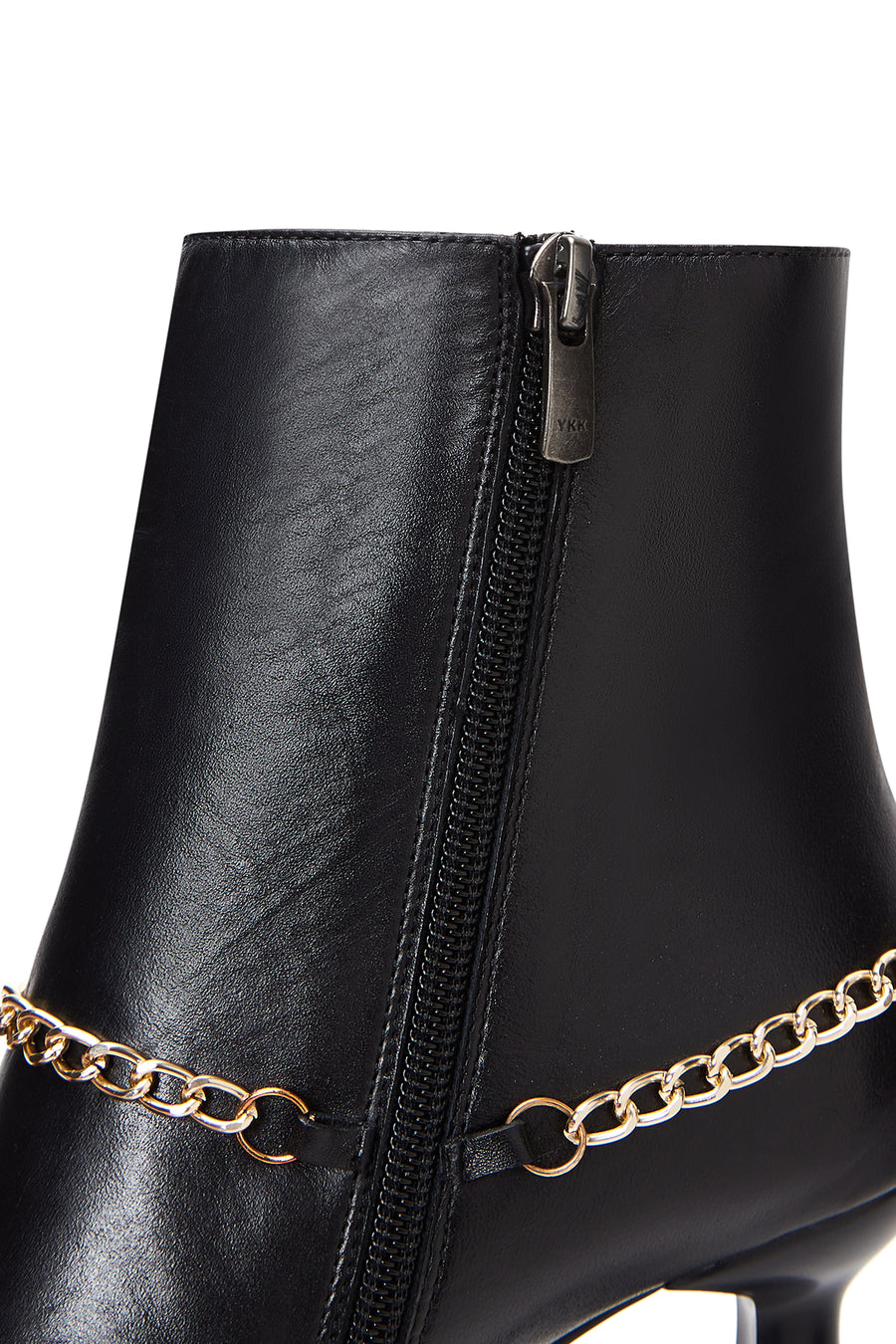 Women's Black Leather Zippered Chain Heeled Classic Boots