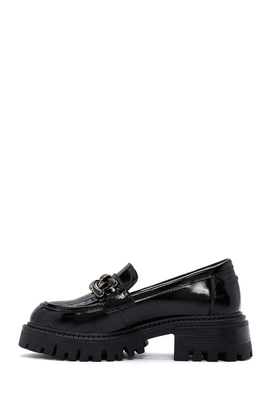 Women's Black Thick Soled Buckle Patent Leather Casual Loafer