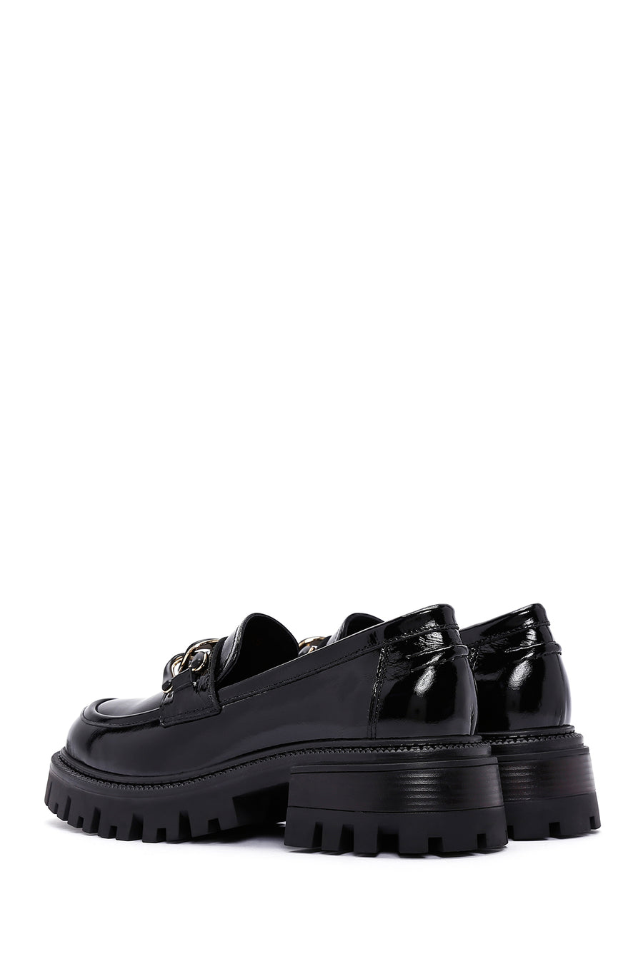 Women's Black Thick Soled Buckle Patent Leather Casual Loafer