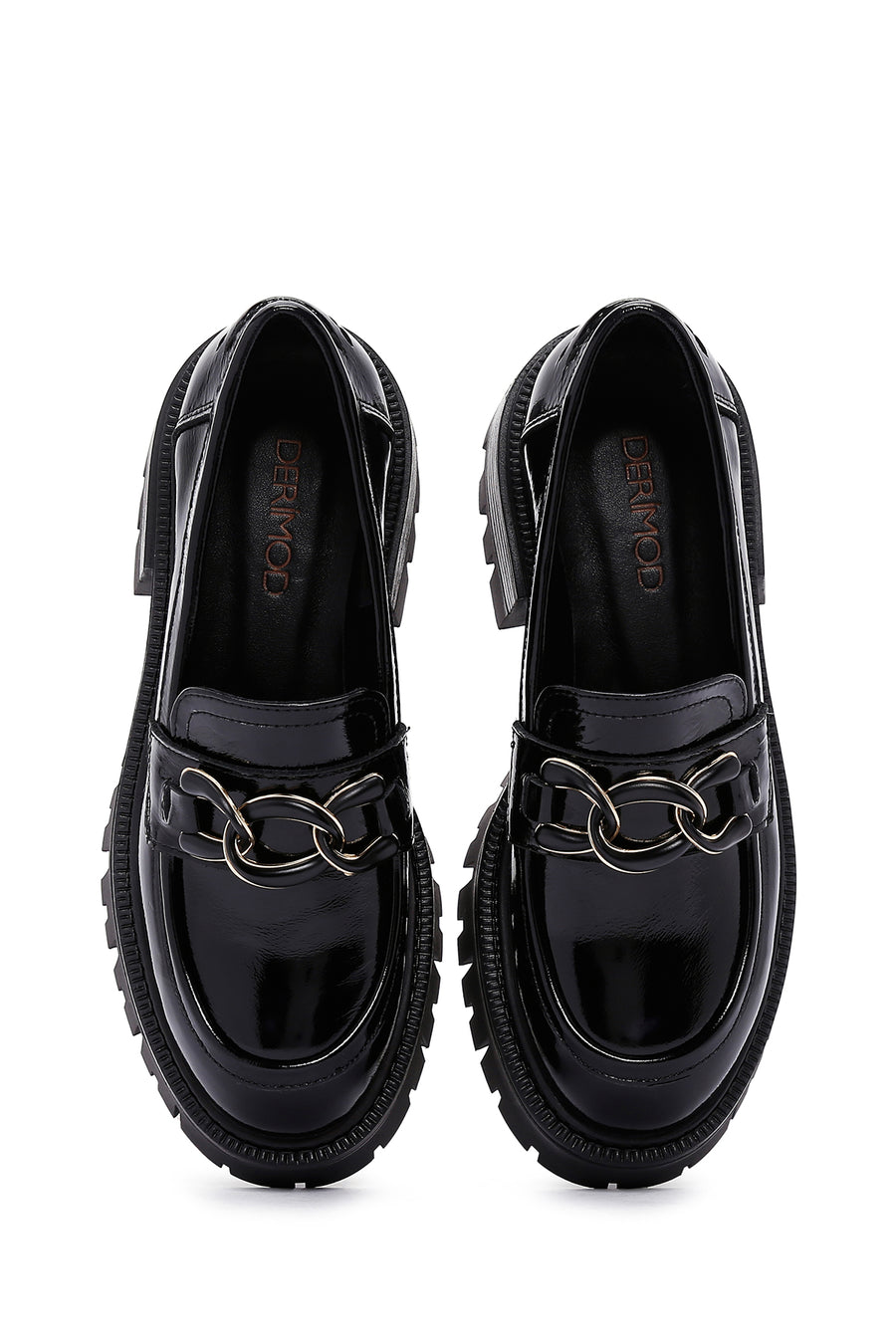 Women's Black Thick Soled Buckle Patent Leather Casual Loafer