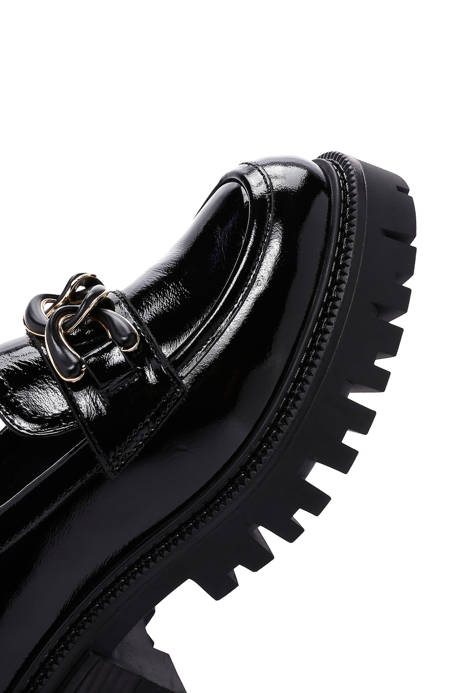 Women's Black Thick Soled Buckle Patent Leather Casual Loafer