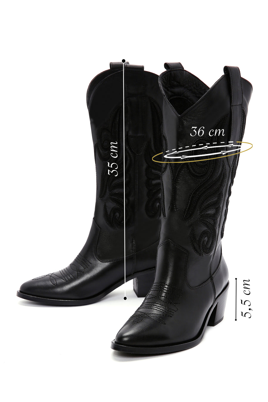 Women's Black Leather Heeled Cowboy Western Boots