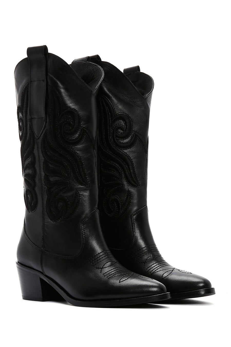 Women's Black Leather Heeled Cowboy Western Boots