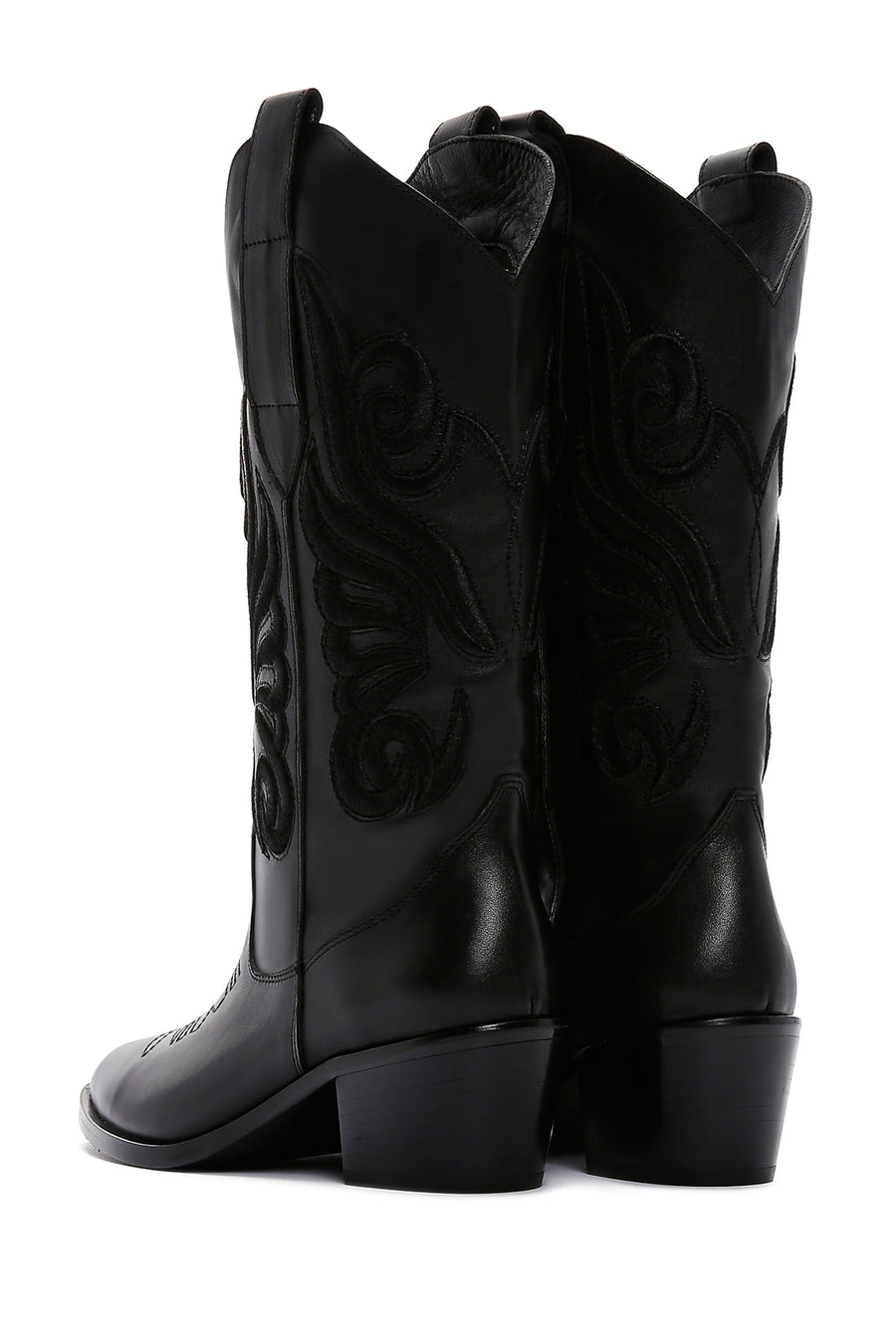 Women's Black Leather Heeled Cowboy Western Boots