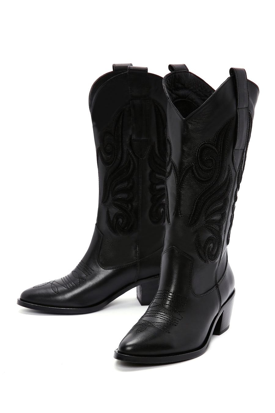 Women's Black Leather Heeled Cowboy Western Boots