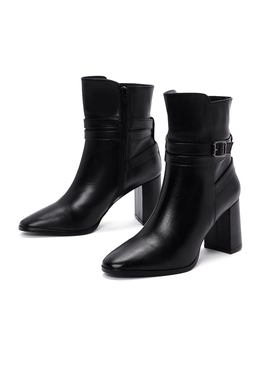 Women's Black Leather Heeled Boots