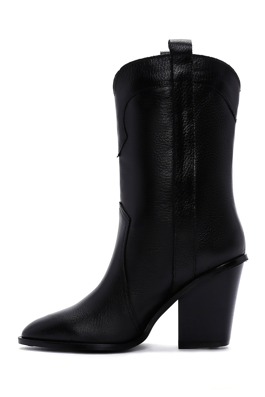 Women's Black Thick Heeled Leather Cowboy Boots